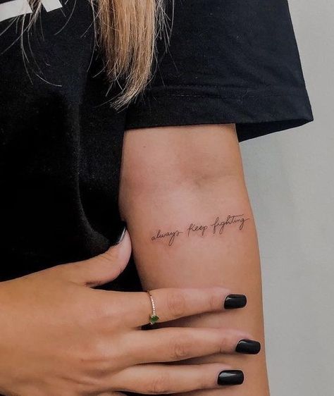 aesthetictattoo ideastattoo designtattoo ideas for the womenminimalist tattoominimal tattoo Inner Bicep Fine Line Tattoo, Forearm Tattoo Women Words Quotes, Tricep Tattoos, Tato Minimal, Word Tattoo, Small Forearm Tattoos, Writing Tattoos, Petite Tattoos, Small Hand Tattoos