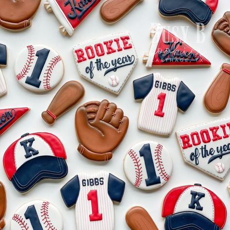 Busy B Cookies TX- Madison on Instagram: “Hey batter batter! ⚾️ ⠀ Interrupting your valentines feed to bring you this fun “rookie year” baseball set! ⠀ ⠀ ⠀ ⠀ #baseball…” Baseball Party Cookies, First Birthday Baseball Cookies, Rookie Year Cookies Baseball, Vintage Baseball Cookies, Baseball Birthday Cookie Cake, First Birthday Baseball, Baseball Birthday Cakes, Baseball Cookies, Hey Batter Batter