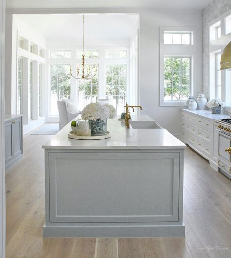 New Home Kitchen Reveal Big Kitchen Island Ideas, Hampton Kitchen Ideas, French Modern Home Interiors, Kitchen Island Marble, Island Detail, French Modern Home, Neutral Cottage, Hampton Kitchen, Laundry Remodel