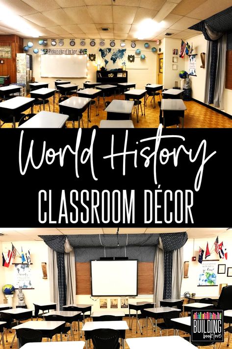 Building Book Love : Middle School World History Classroom: Inspiration for a small and windowless classroom Windowless Classroom, Middle School History Classroom, History Teacher Classroom, History Classroom Decorations, High School History Classroom, High School World History, Classroom Decor Middle, World History Classroom, Ancient World History