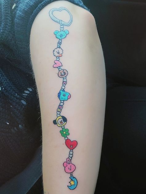 Designed by me :) all the non bt21 charms are my family's doodles. #bt21 #bts #bt21tattoo #btstattoo Bt21 Doodle, Bt21 Tattoo Ideas, Cooky Tattoo Bt21, Bt21 Tattoo, Bts Henna Designs, Bangtan 7 Tattoo, Mini Tattoos Bts, Bts 00:00 Tattoo, Matching Tats