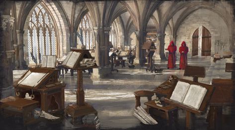 ArtStation - Gothic Monastery Scriptorium, Ruedy Stacher Mountain Monastery Fantasy Art, Scriptorium Medieval, Fantasy Monastery, Monastery Aesthetic, Monastery Art, Monastery Interior, Medieval Monastery, Magical Library, Gothic Cathedrals