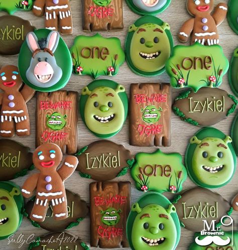 Royal Icing decorated cookies Shrek Decorated Cookies, Shrek Sugar Cookies, Shrek Cookies Decorated, Shrek Cookies, Shrek Dragon, Shrek Birthday, Shrek Cake, 00s Party, Shrek Party