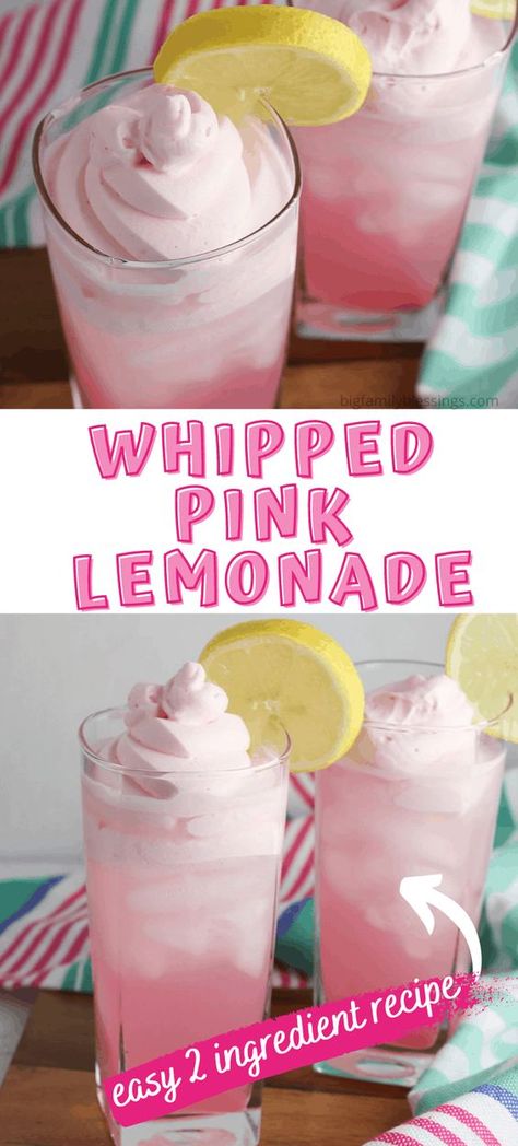 Whipped Pink Lemonade. With this simple whipped pink lemonade recipe, you can create a refreshing summer drink that both you and your kids will love. Whipped lemonade is such a fun summer treat. Whipped beverages are the best! Fun Summer Kids Drinks, Easy Pink Lemonade Recipe, Fun Lemonade Drinks, Summer Birthday Ideas For Kids, Easy Summer Drinks For Kids, Specialty Lemonade Recipe, Strawberries And Cream Lemonade, Fun Non Alcoholic Drinks Summer, Whipped Pink Lemonade Recipe