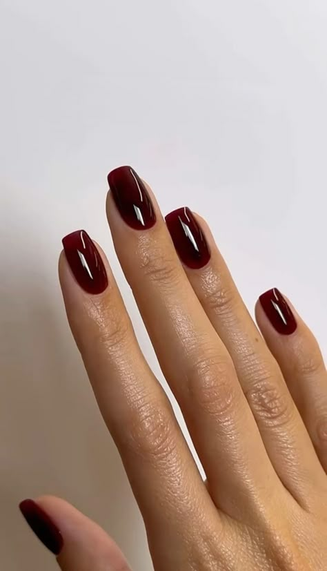 Maroon Tapered Square Nails, Burgundy Short Square Nails, Basic Dark Nails, Dark Red Squoval Nails, Dark French Manicure, Red Ballerina Nails Short, Nail Bridesmaid, Dark Feminine Nails Almond, Short Wine Red Nails