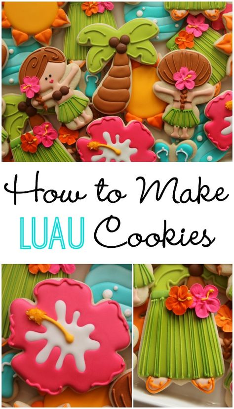 Hawaiian Cookies Decorated, Luau Cookies Decorated, Luau Cake Ideas, Luau Cookies, Hawaiian Cookies, Luau Cake, Birthday Luau, Beach Cookies, Snowman Cookie