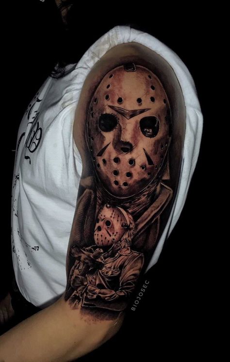 First tattoo , my arm still hurts but it was worth it :D Jason Vorhees Tattoo, Jason Vorhees, Tattoo Project, First Tattoo, Half Sleeve, Worth It, Skull Tattoo, Halloween Face, Face Makeup