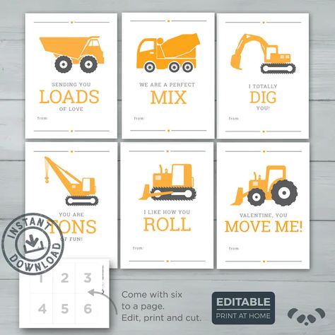 Construction Valentines, Hot Wheels Invitations, Kids Valentine Cards, Hot Wheels Birthday, Girl Birthday Party Invitations, Cement Mixer, Printable Valentines, Valentine Cards, Dump Truck