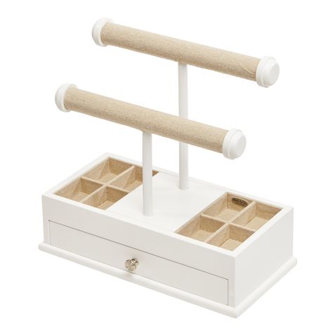 Clean And Modern, The Ivy Jewelry Box And Organizer Has An Open Design For Easy Access To Your Favourite Everyday Jewelry. Featuring Two Staggered Jewelry Bars To Display Your Necklace And Bracelet Collection, Eight Divided Sections For Rings And Earrings, Plus A Drawer Offering Open Area Storage, This Jewelry Stand Is Sophistication Simplified., Weight (lbs): 3.2 White Finish Top Features Eight Sections Plus Two Staggered Jewellery Bars Height (in): 11 Width (in): 5.875 Depth (in): 11.625 Jewelry Organizer Silver, Jeweler Organizer, Dorm Jewelry Storage, Organization Containers, Jewelry Box Organizer, Jewelry Organizer Stand, Dorm Storage, Beautiful Wooden Boxes, Jewelry Box Diy