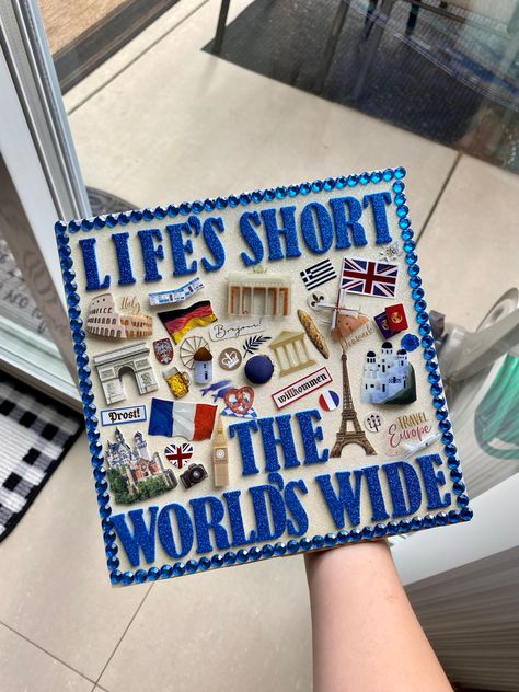 International Studies Grad Cap, French Graduation Cap, On To My Next Adventure Grad Cap, Travel Grad Cap, Graduation Cap Designs Travel, Vienna Graduation Cap, Scrapbook Grad Cap, Graduation Cap Designs Exchange Student, Grad Cap Ideas Mamma Mia