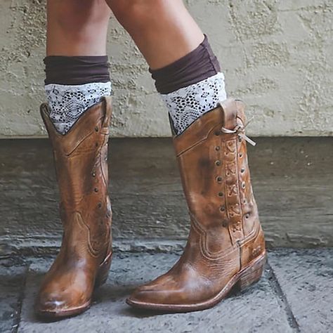 Knee High Cowboy Boots, Lace Up Block Heel, Mode Hippie, Vintage Cowboy Boots, Boho Boots, Boots Cowboy, Chunky Heels Boots, Vintage Cowboy, Slip On Boots