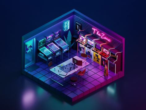 Cyberpunk Office, Gaming Lounge, Nostalgia 2000s, Arcade Room, Arcade Game Room, Neon Decor, Isometric Art, 3d Video, Gaming Room Setup