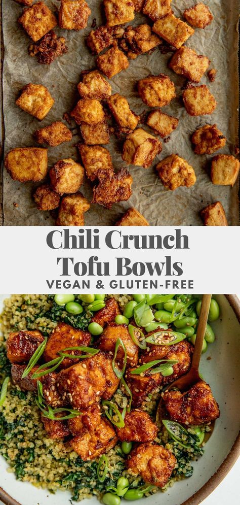 These protein packed chili crunch tofu bowls focus on adding umami rich flavor to both the tofu and quinoa for the ultimate experience. Tofu And Quinoa, Tofu Quinoa, Tofu Bowls, Chili Crunch, Firm Tofu, Cheese Salad, Tofu Recipes, Meatless Meals, How To Cook Quinoa