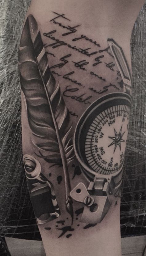 Nick Westfall tattoo. Feather quill, ink, compass tattoo sleeve start. Travel, explore, dream, discover. Tattoo Sleeve Women, Quill Tattoo, Map Tattoos, Foot Tattoos For Women, Feather Quill, Tattoos Skull, Ship Tattoo, Elephant Tattoos, Custom Tattoo Design