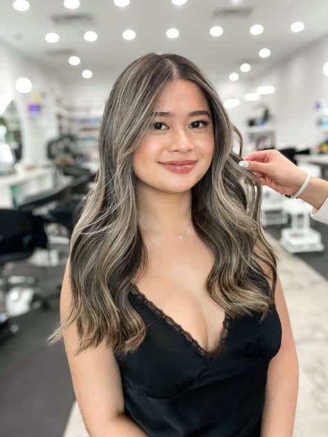 Asian Balayage Ashy Brown, Black Hair Transformation, Asian Balayage Hair, Blonde Dyed Hair, Winter Balayage, Ash Brown Hair Balayage, Asian Blonde, Balayage Asian Hair, Medium Brunette Hair