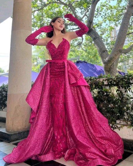 Barbie Inspired Ball Gowns, Hot Pink Mermaid Dress, Dark Pink Ball Gown, Barbie Pink Prom Dress, Pink Graduation Gown, Hot Pink Ballgown, Ball Gown With Gloves, Dark Pink Gown, Hot Pink Wedding Dress