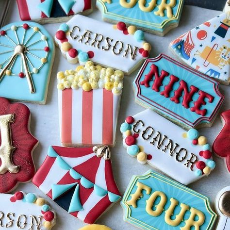 Baked by Becca on Instagram: "Double the circus fun for Carson & Connor 🎪🎡🍿 #circuscookies #carnivalcookies #circusparty #carnivalparty #cottoncandycookie #popcorncookie #ferriswheelcookies #friscocookies #planocookies #prospercookies #mckinneycookies" State Fair Cookies Decorated, Carnival Cookies Ideas, Circus Decorated Cookies, Carnival Decorated Cookies, Carnival Theme Cookies Decorated, Carnival Birthday Cookies, Circus Themed Cookies, Carnival Theme Cookies, Carnival Cookies Decorated