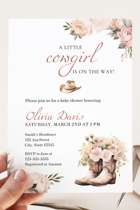 Yeehaw! Celebrate your little cowgirl on the way with this elegant baby shower invitation featuring a pink floral design and a charming cowgirl boot with flowers. This editable template is perfect for a cowgirl baby shower theme and comes with a stunning back design and mobile-friendly version for convenience. Whether you’re exploring rodeo baby shower ideas or planning a chic cowgirl baby shower, this invitation card sets the perfect tone for your celebration. Download, customize, and print today!