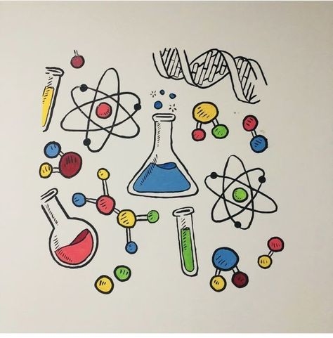 Cute Chemistry Doodles, Papan Tulis Kapur, Science Drawing, Science Doodles, خريطة ذهنية, Book Art Projects, School Book Covers, Creative School Project Ideas, Art Display Kids