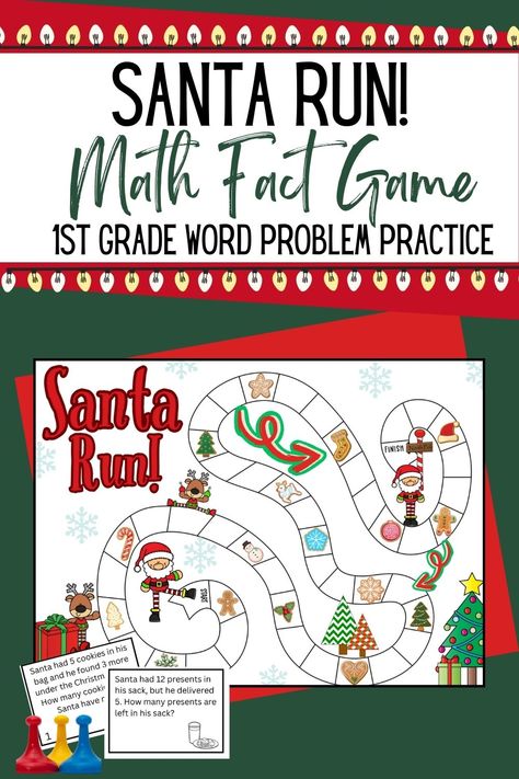 Get your students into the holiday spirit by adding this printable board game, which turns addition and subtraction word problems into a jolly good time. Printable Board Game, Free Christmas Games, Math Fact Games, Addition And Subtraction Word Problems, Division Games, Printable Board Games, Subtraction Word Problems, Homeschool Elementary, Mental Math