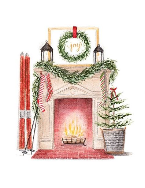 Fireplace Drawing, Vintage Inspired Christmas, 카드 디자인, Watercolor Christmas Cards, Christmas Fireplace, Christmas Drawing, Print Frame, Christmas Paintings, Christmas Illustration