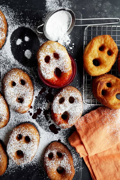 Halloween Ghost Doughnuts - The Candid Appetite Ghost Donuts, Halloween Treats To Make, Halloween Donuts, Raspberry Sauce, Fried Dough, Halloween This Year, Homemade Halloween, Halloween Snacks, Small Cake