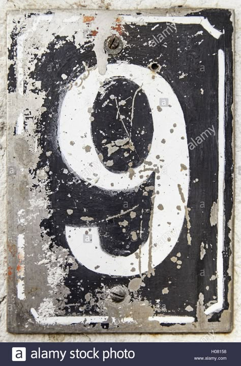 Download this stock image: Number nine of information, detail of odd number - H08158 from Alamy's library of millions of high resolution stock photos, illustrations and vectors. House Number Tiles, I Typography, Pick A Number, Harry Potter Theme Birthday, Number Tiles, Vintage Numbers, Travel Stamp, Number Art, Rust Patina