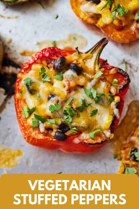 This simple but delicious Vegetarian Stuffed Peppers recipe is a light but filling dish that’s going to become your new favorite dinner. Colorful bell peppers filled with healthy goodness then topped off with cheese, these flavorful stuffed peppers are so easy to make. This recipe is an easy way to get more veggies on the table as everything is neatly packed up inside a bell pepper! Vegetarian Entrees Main Dishes, Vegetarian Enchiladas Recipe, Homemade Mexican Rice, 2024 Health, Vegetarian Entree, Vegetarian Stuffed Peppers, Stuffed Peppers Recipe, Vegetarian Mains, Homemade Foods