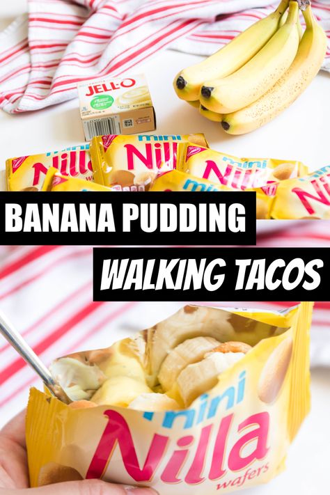 Nilla Wafer Pudding Desserts, Nilla Wafer Banana Pudding In A Bag, Banana Pudding Tacos, Walking Banana Pudding, Walking Desserts, Nilla Wafer Recipes, Vanilla Wafer Banana Pudding, Nilla Wafer Banana Pudding, Banana Pudding Dessert