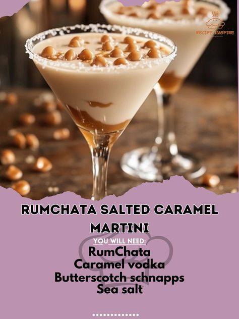 Get ready for a creamy, sweet, and salty treat! This RumChata Salted Caramel Martini is irresistible! 🍹✨ #SaltySweet #MartiniLove RumChata Salted Caramel Martini Ingredients: RumChata (1 oz) Caramel vodka (1 oz) Butterscotch schnapps (1/2 oz) Sea salt (pinch) Caramel syrup (1 tbsp) Ice cubes (as needed) Salted caramel candies (for garnish) Instructions: Shake RumChata, caramel vodka, butterscotch schnapps, and ice in a shaker. Drizzle caramel syrup inside the martini glass and rim it with... Salted Caramel Vodka Drinks, Martini With Rumchata, Salted Caramel Martini, Salted Caramel Vodka, Caramel Martini, Salted Caramel Candy, Caramel Candies, Martini Ingredients, Caramel Vodka