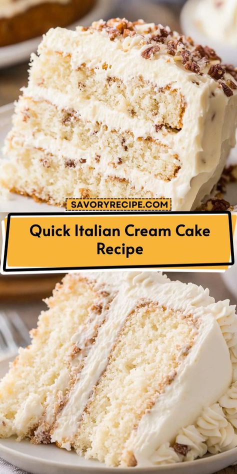 Indulge in a light and fluffy Quick Italian Cream Cake Recipe! This delightful dessert combines layers of moist cake with rich cream cheese frosting and coconut. Perfect for any occasion, this sweet treat is sure to impress friends and family. Bake your way to happiness with this easy dessert recipe! Easy Italian Cream Cake, Quick Italian Cream Cake Recipe, Italian Cream Cheese Cake, Italian Rum Cake, Italian Love Cake, Love Cake Recipe, Italian Cream Cake Recipe, Italian Desserts Easy, Way To Happiness