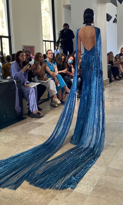 Water Inspired Dress, Blue Runway Dress, Blue Red Carpet Dress, Sapphire Aesthetic, Blue Haute Couture, Water Dress, Aesthetic Boots, Bella Hadid Aesthetic, Date Night Aesthetic