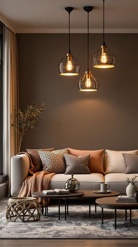 Cozy Lighting Living Room Warm Living Room Lamp, Corner Lights Living Room, Living Room Designs Light, Overhead Lighting Living Room, Living Room Ceiling Lights Ideas, Cozy Living Room Lighting, Cozy Lighting Living Room, Brown Sofa Decor, Lighting Living Room Ideas