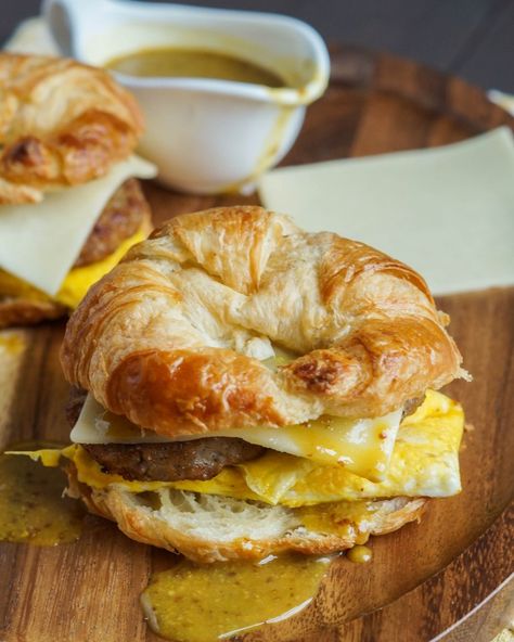 Croissant Breakfast Sandwich, Dijon Sauce, Cheese Croissant, Breakfast Sandwich Recipes, Sausage Sandwiches, Croissant Breakfast, Egg And Cheese, Kitchen Magic, Sausage And Egg