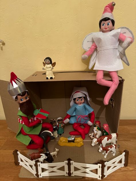 Elf On The Shelf With Nativity, Elf On The Shelf Nativity Ideas, Elf On The Shelf Nativity, Nativity Ideas, St Nicholas Day, Elf Ideas, Saint Nicholas, Shelf Ideas, The Elf