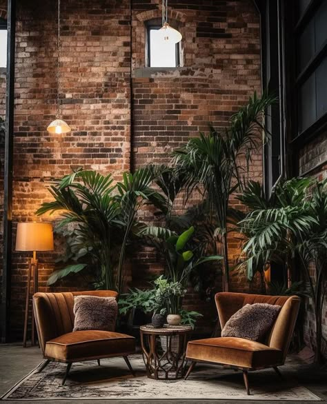 Industrial Building Dream Home Loft Nook Building Dream Home, Minimalist Home Decor Ideas, Brick Living Room, Industrial Style Living Room, Brick Room, Patio Layout, Brick Interior, Moody Decor, Girly Apartment Decor