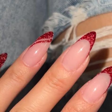 Nails For Xmas And New Year, Glittery Red Nails Almond, Almond Nails December, Lowkey Christmas Nails, Red Nail Christmas Designs, Holiday Nails Winter Christmas Red, Nails For Christmas And New Years, Red Nails New Year, Red Glitter Tip Nails