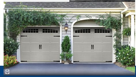 New garage doors with windows, vining plants Pretty Garage Doors, Precision Garage Doors, Beautiful Garage, Carriage Style Garage Doors, Garage Door Opener Installation, Garage Door Colors, Garage Door House, Garage Door Paint, Tan House