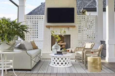 2020 Showcase House Covered Porch Deck Color Ideas, Grey Deck, Deck Stain Colors, Deck Makeover, Backyard Pool Ideas, Seabrook Island, Deck Colors, Candles In Fireplace, Yard Deck