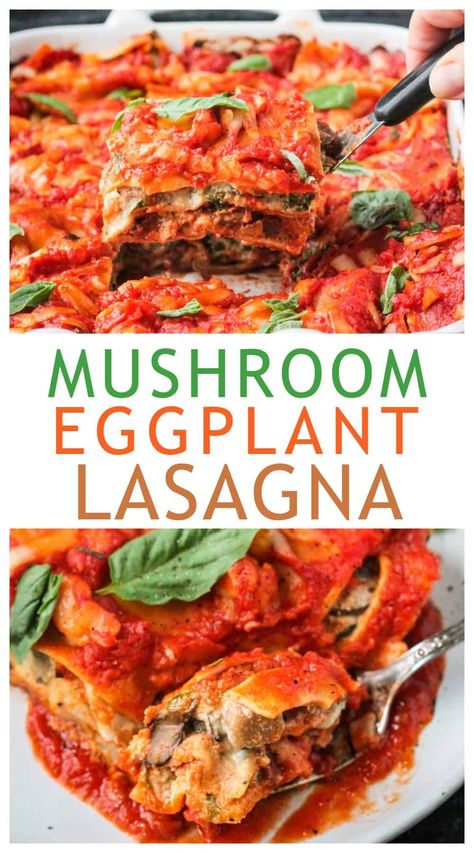 This Vegan Vegetable Lasagna features tender pasta, creamy spinach ricotta, savory eggplant and mushrooms, and lots of sauce. It's easy to assemble and customizable with the veggies you have on hand. The most delicious dinner for family night or holidays! Easy On Hand Dinners, Eggplant Mushroom Recipes, Vegan Vegetable Lasagna, Vegan Eggplant Lasagna, Vegan Eggplant Recipes, Dinner For Family, Lacto Vegetarian, Pasta Creamy, Oven Ready Lasagna