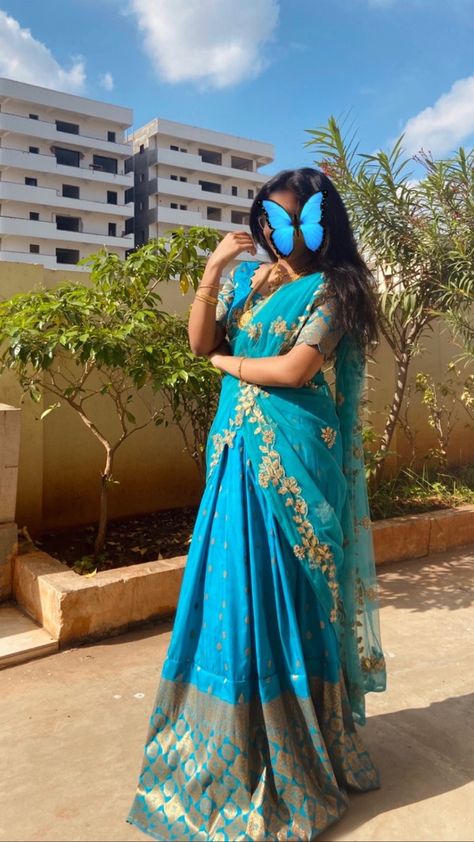 #traditional #indianwedding #blue #monochrome #saree Blue Indian Aesthetic, Monochrome Saree, Blue Half Saree, Blue Monochrome, Half Saree Lehenga, Saree Poses, Indian Photoshoot, Diwali Celebration, Saree Models