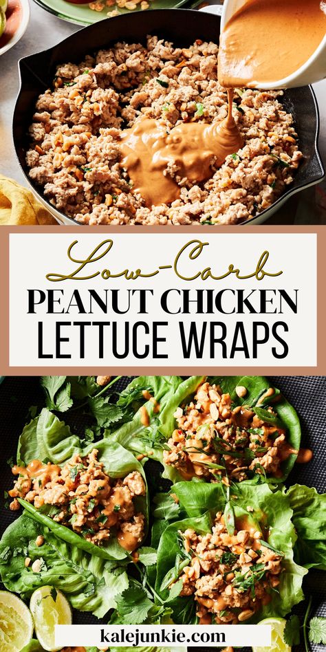 These Low-Carb Peanut Chicken Lettuce Wraps are so delicious and take just 20 minutes to put together! It’s got the perfect combination of flavor and texture with the crisp butter lettuce filled with tender chicken that’s coated in a salty and sweet peanut sauce that will make you drool! It’s incredible! Peanut Chicken Lettuce Wraps Healthy, Chicken Lettuce Wraps With Peanut Sauce, Keto Lettuce Wraps Low Carb, Summer Low Carb Dinners, Butter Lettuce Recipes, Thai Peanut Lettuce Wraps, Keto Chicken Lettuce Wraps, Butter Lettuce Wraps, Peanut Chicken Lettuce Wraps