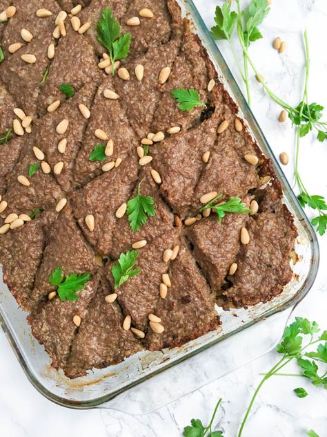 Baked kibbeh, a traditional Lebanese dinner recipe, is made with ground beef or lamb combined with bulgur wheat, pine nuts and warm spices like cinnamon and allspice. Baked Kibbeh Recipe, Kibbeh Recipe Lebanese, Lebanese Dinner, Baked Kibbeh, Kibbeh Recipe, Ground Lamb Recipes, Bulgur Wheat, Middle East Recipes, Lemon Bowl