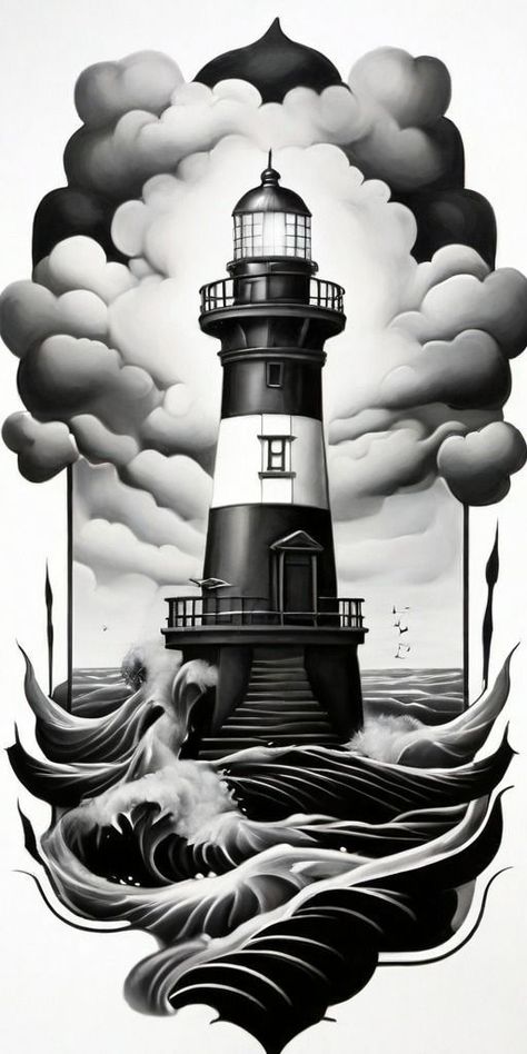 Waves Tattoo Design, Traditional Lighthouse Tattoo, Wave Tattoo Design, Island Tattoo, Lotus Tattoo Design, Lighthouse Tattoo, Traditional Tattoo Sleeve, Clever Tattoos, Scary Tattoos