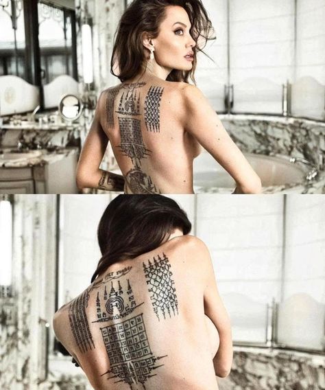 Angelina Tattoo, Angelina Jolie Back Tattoo, Thai Sak Yant, Angelina Jolie Tattoo, Angelina Jolie 90s, Buddhist Tattoo, Sak Yant Tattoo, Zendaya Maree Stoermer Coleman, Egypt Tattoo