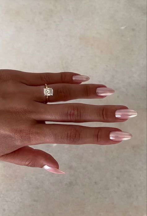 Simple Light Pink Almond Nails, Chrome Pale Pink Nails, Nails That Match Pink Dress, Soft Pink Nails With Chrome, Light Pink With White Chrome Nails, Pink And Silver Nails Almond, Pink Chrome Short Almond Nails, Pearl Chrome Nails Coffin, Nail Inspo Acrylic Almond Short