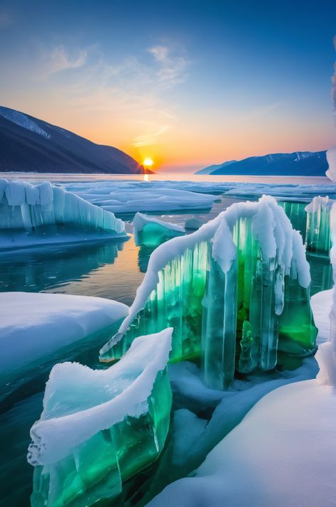 Experience the magic of Lake Baikal's emerald ice formations.  Crystalline structures emerge from the frozen depths, reflecting the winter sun's brilliance. Discover the beauty of this winter wonderland. #LakeBaikal #EmeraldIce #WinterWonderland Icy Landscape, Baikal Lake, Ice Formations, Ice Lake, Character Background, Siberia Russia, Nature Landscape Photography, Lake Baikal, Crystalline Structure