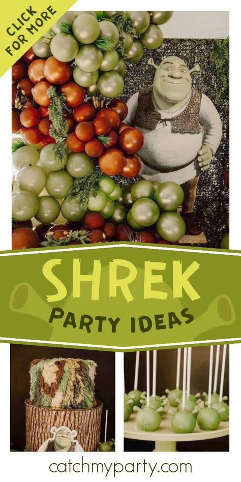 Diy Shrek Birthday Party, Shrek Themed Appetizer, Shrek First Birthday Boy, Shrek Birthday Party Games, Shriek Party Ideas, Shrek Birthday Party Food Ideas, Shrek Themed Halloween Party, Shrek Food Ideas Party, Shriek Birthday Party Ideas