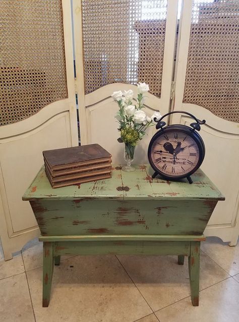 Refinished Dough Box Table.   This Old Hat, Refinish, Repurpose, Rebuild.  Rustic, Chippy, Vintage, Wood, Farmhouse, Décor Doughbox Table Makeover, Dough Box Table Makeover, Dough Box Table, Green Painted Furniture, Dough Box, Primitive Living Room, Vintage Sewing Box, Box Table, Furniture Fix