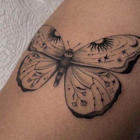 Whimsical Moth Tattoo, Celestial Butterfly Tattoo, Spiritual Butterfly Tattoo, Butterfly Sun Tattoo, Butterfly Tattoo With Eyes, Ornamental Butterfly Tattoo, Butterfly Tattoo Black And White, Vintage Frame Tattoo, Bohemian Tattoo